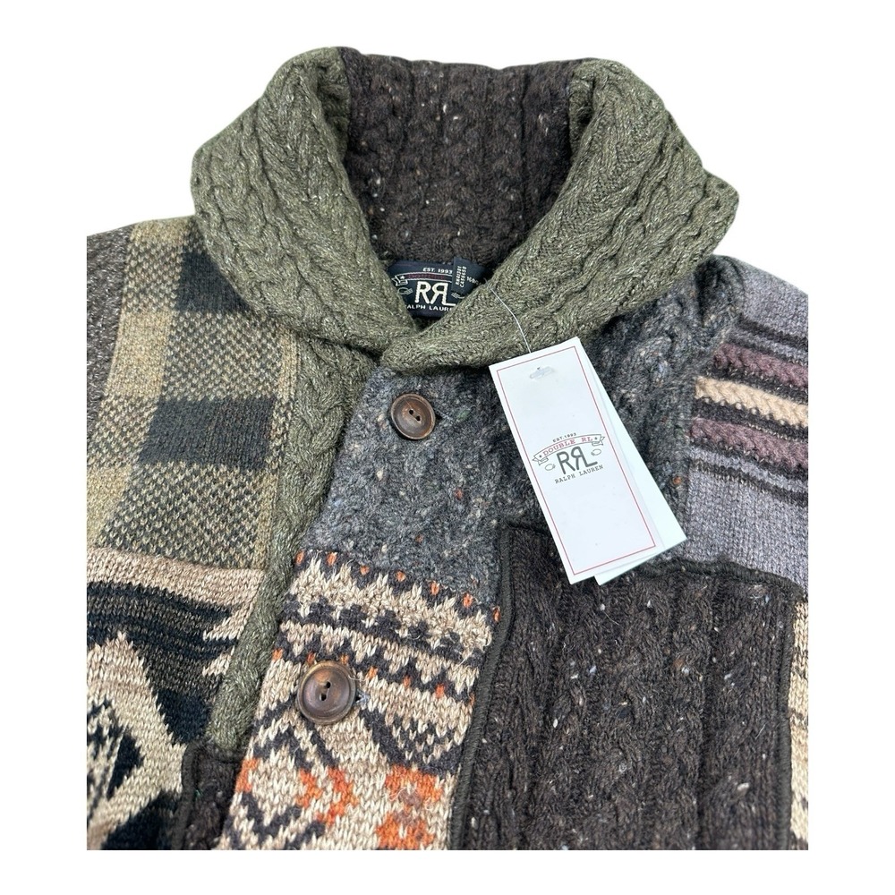 RRL Ralph Lauren Green Wool Linen Patchwork Men's Heavy Cardigan Size XXS NWT‎ - Picture 3 of 9